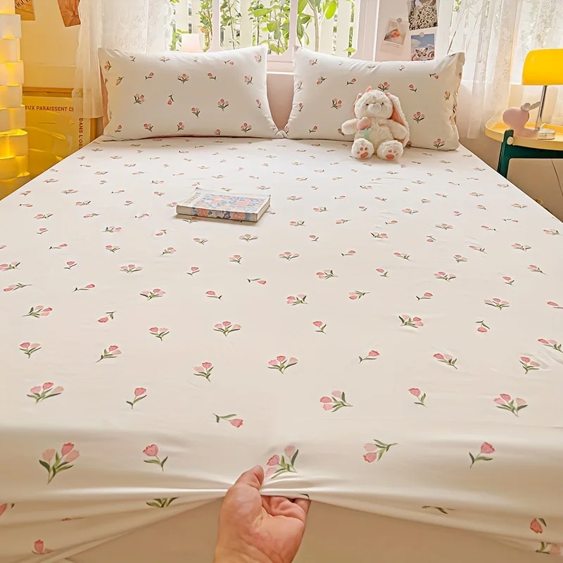 Floral pastoral style, all-season bed sheet set, suitable for home and bedroom, 2D digital print three-piece bedding set (includes 1 fitted sheet + 2 pillowcases), 3-piece set, large-capacity deep pocket 2D print fitted sheet and 2 pillowcases, mattress protector, fitted elastic style, protective cover, mattress protector, machine washable design, holiday decoration, various sizes, breathable protective cover with pillowcases