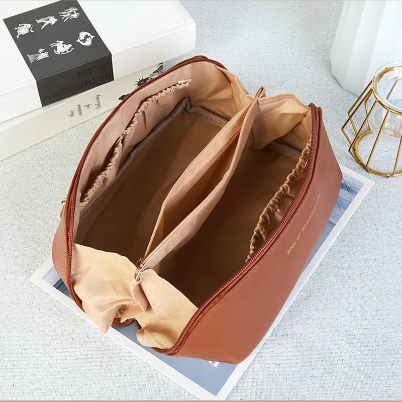 Large Capacity Pu Leather Customized Black leather Cosmetic Bag Travel Organizer Makeup Multi-functional Brush Pouch