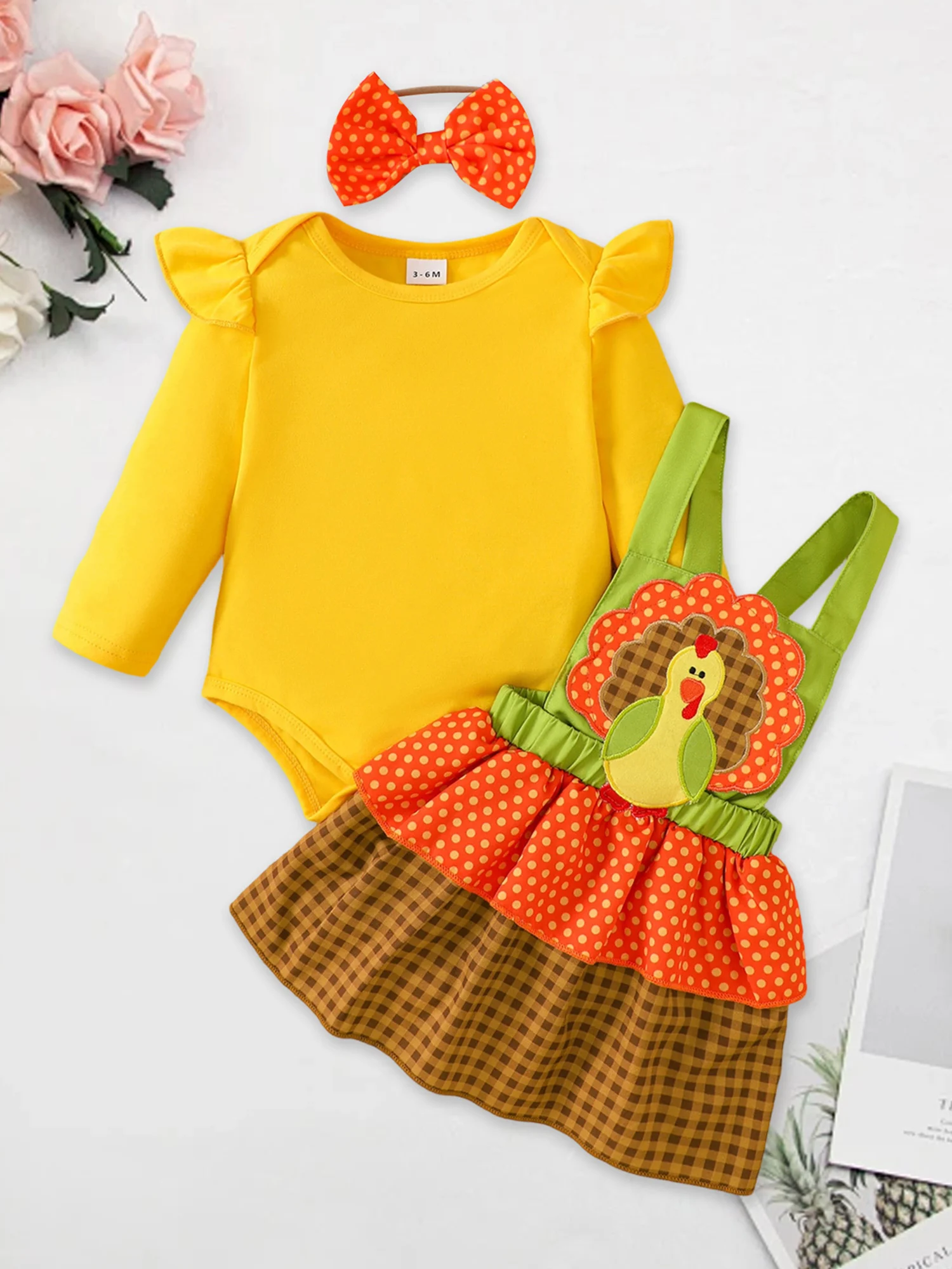 

Комплект одежды для маленьких девочек на День Благодарения, комбинезон с длинными рукавами, турецкая юбка на подтяжках, повязка на голову, комплект одежды из 3 предметов для младенцев