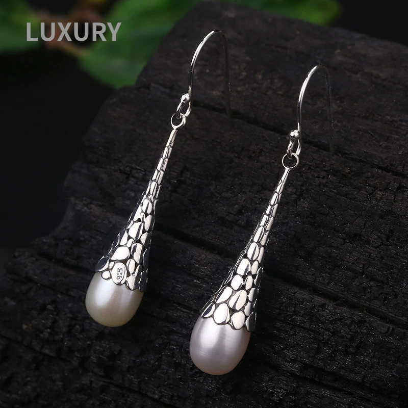 

Luxury 100% S925 Sterling Silver Retro Inlaid Pearls Pendant Earrings For Women Gifts Fine Jewelry New Hot Selling Wholesale