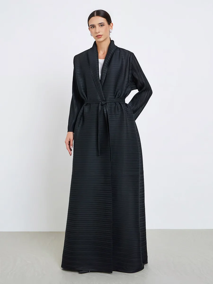 

Fold Pleated Minimalist Black Abaya Self-Tie Wrap Maxi Islamic Robe Elegant Full-Coverage Outfit 2025
