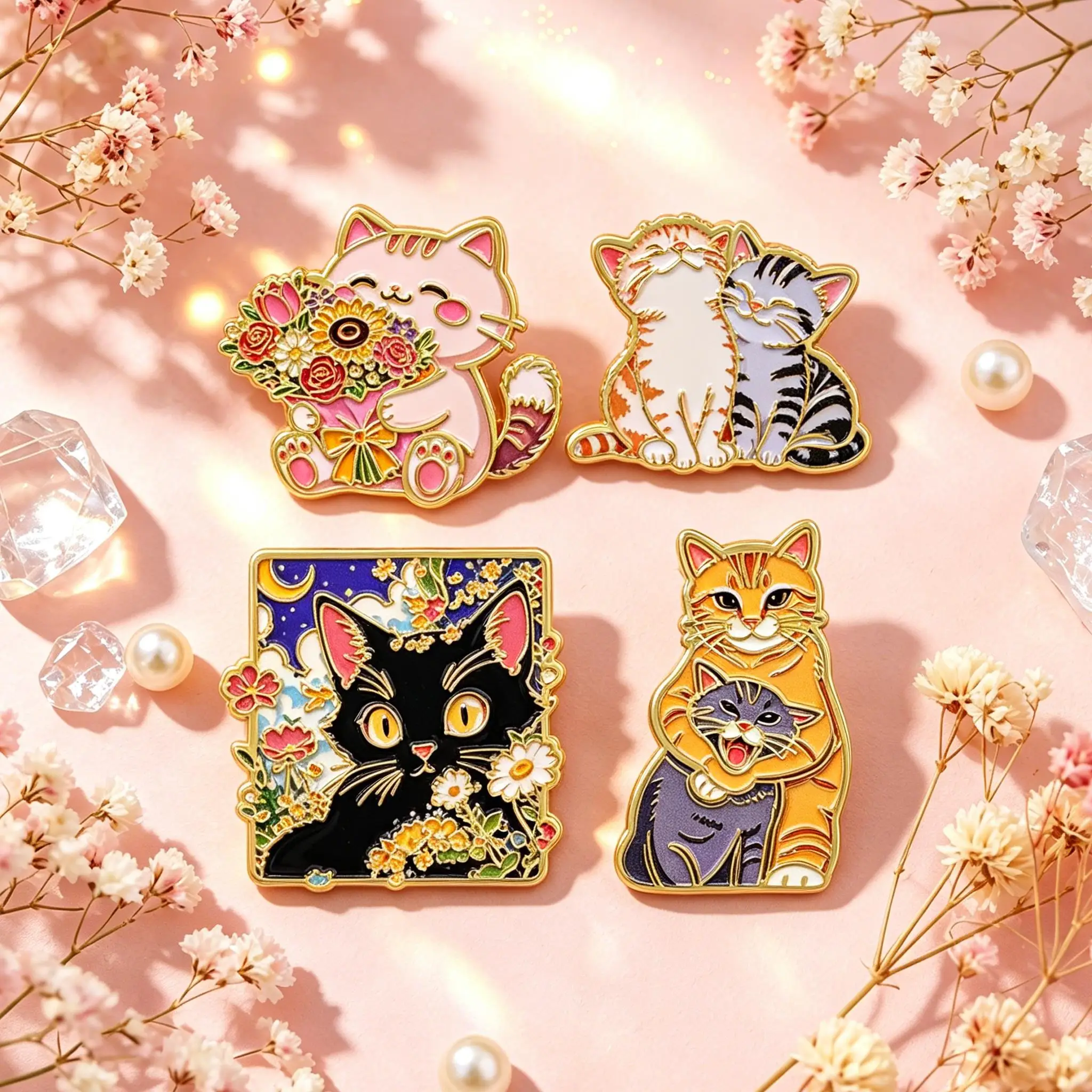 4 Stück niedliche Katzen-Emaille-Anstecknadeln, Cartoon-Broschen für Mäntel, Blumen-Tier-Broschen, Kragen- und Reversnadeln, Metallabzeichen, Schmuck, Geschenke für Tierliebhaber