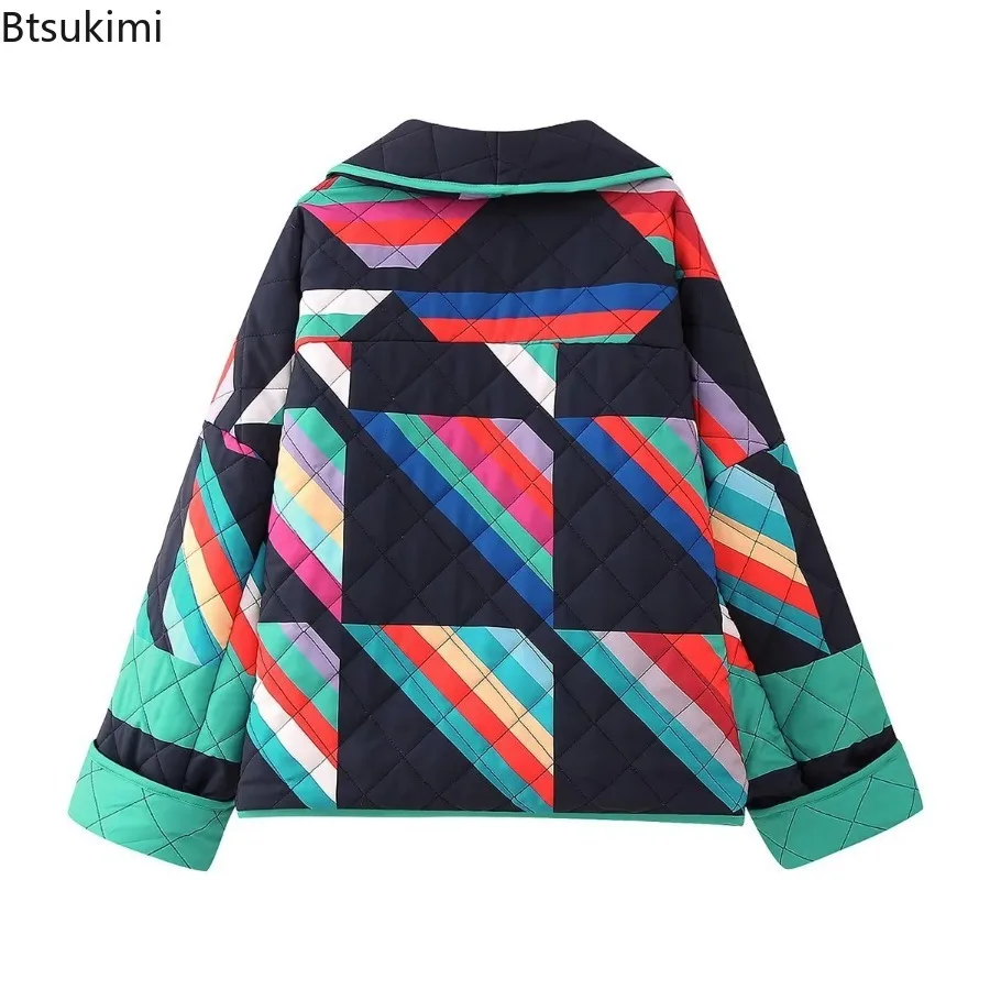 Women Autumn Winter Casual Parka 2025 Fashion Geometric Print Spliced Jacket Vintage Lapel Cardigan Cotton Jacket Thermal Tops