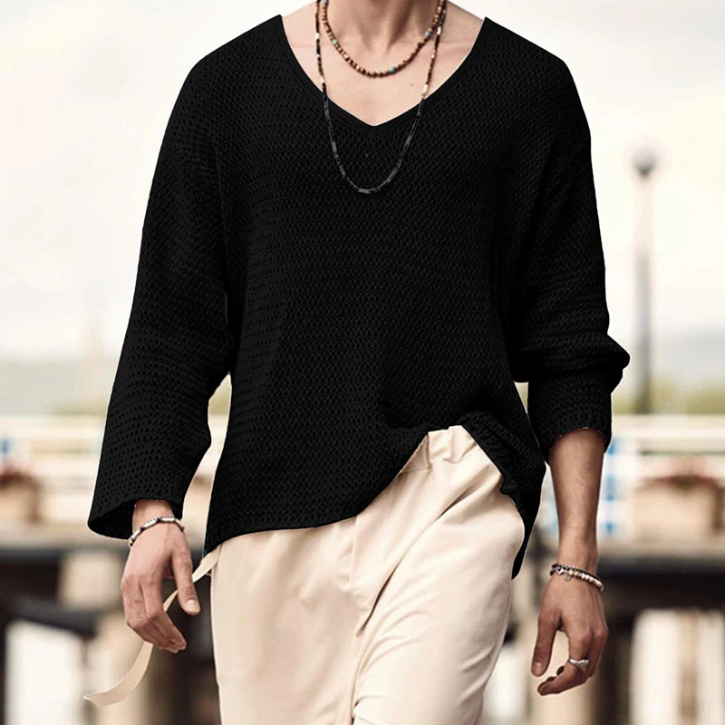 Autumn Men Long Sleeve T Shirt Vintage Solid Knitting Tops Mens Casual Loose V Neck Tee Fashion Male Knitted Clothing Streetwear