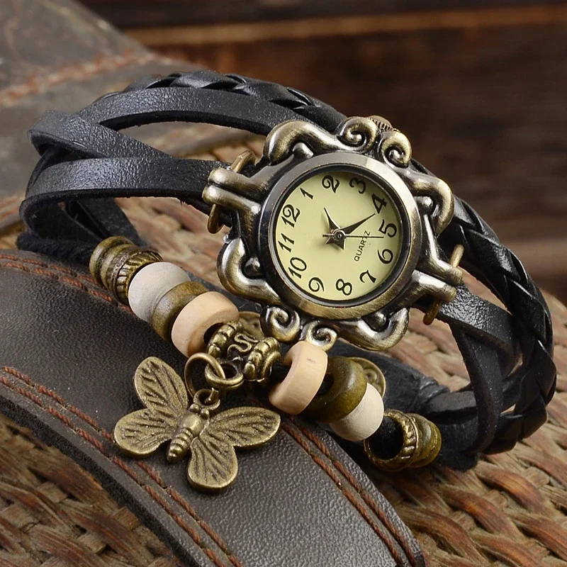 Multicolor High Quality Women Leather Vintage Quartz Dress Watch Bracelet Wristwatches Butterfly Gift Reloj De Mujer