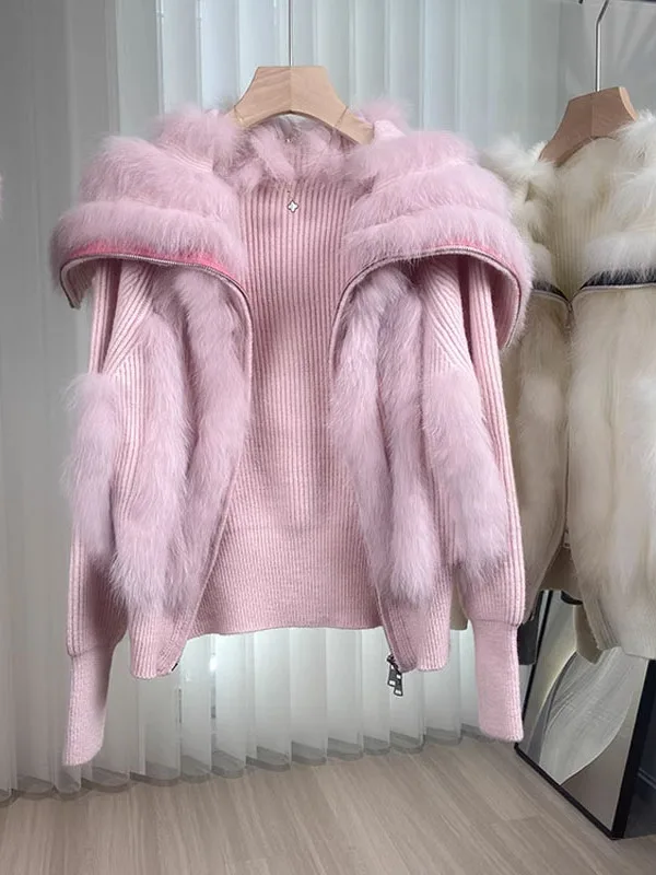 

Весенний новый вязаный кардиган из меха с большим воротником и молнией, свободный крой, в корейском стиле, трендовый