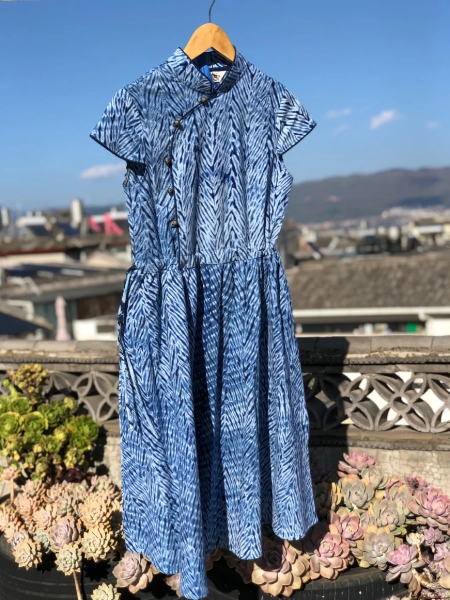 Tie-Dyed Small Stand Collar Bamboo Leaf Pattern Dress Yunnan Dali Bai Ethnic Handmade Blue Dyed Cotton