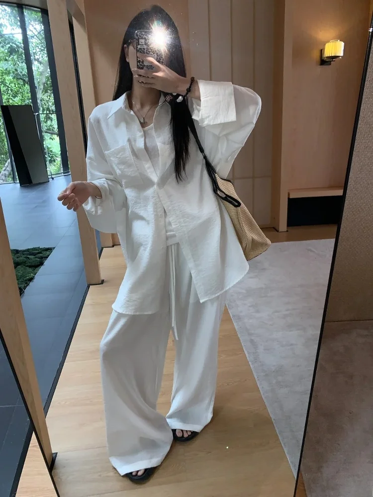 

High Waist Loose Cotton Linen Lazy Sle Women's Summer irt Cardigan Wide Leg Pants Set Comfortable Breathable Faionable