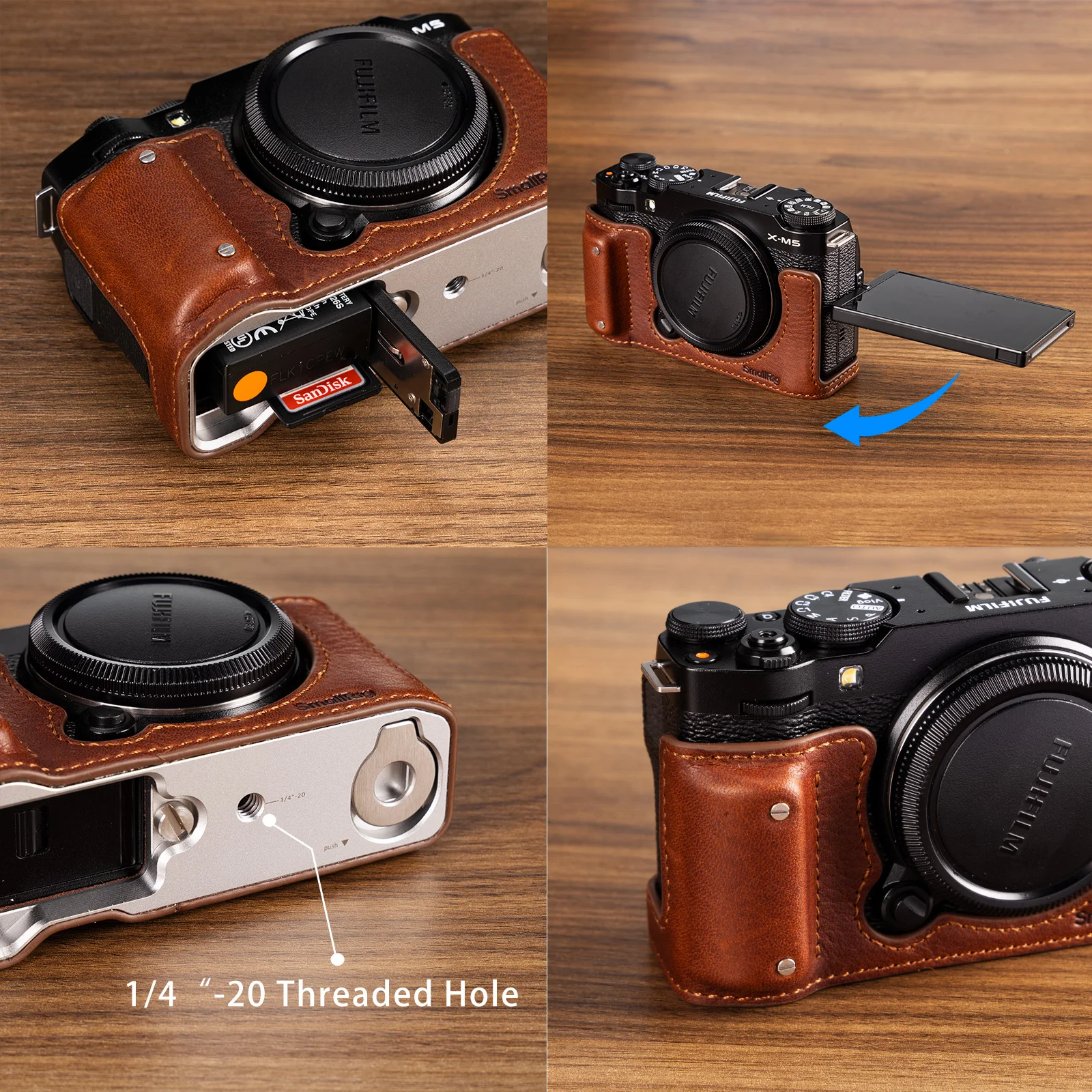 SmallRig Camera Leather Half Case Kit for FUJIFILM X-M5 wIith Wrist Strap Retro Style with 1/4”-20 Threaded Hole Brown/Black