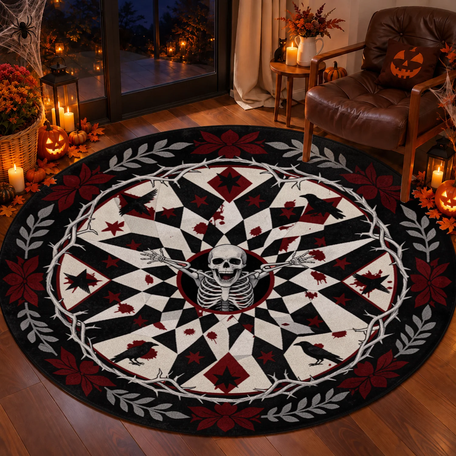 Gothic Skeleton Crow Thorn Geometric Pattern Round Velvet Rug, Machine Washable Soft Durable Area Rug for Living Room Bedroom Entryway Dining Space, Halloween Thanksgiving Black Friday Christmas New Year Home Decor