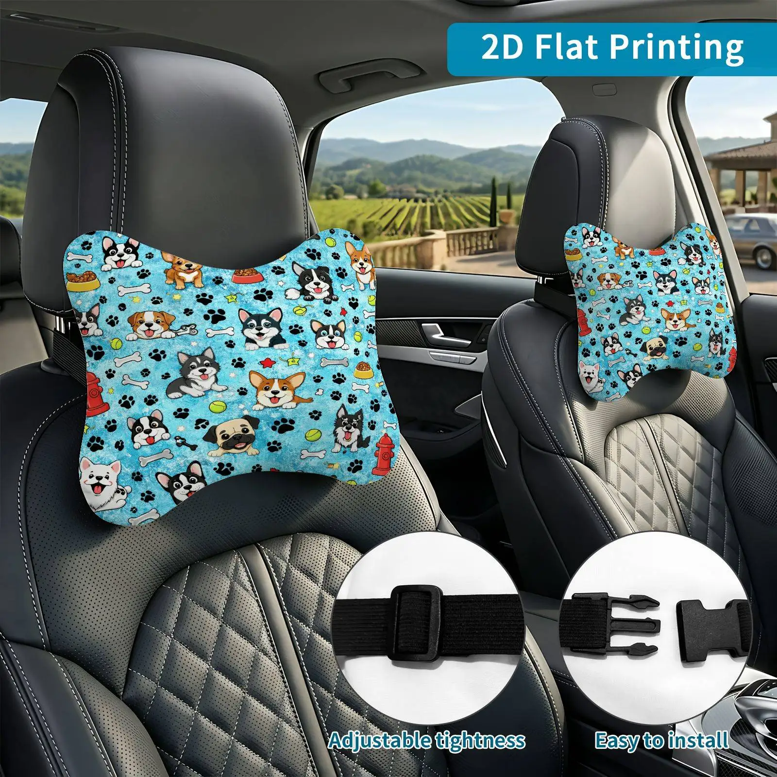 2pcs Dog Pattern Paw Print Bone Car Seat Headrest, Neck Support Cushion, Suitable For All Seasons Of Car Accessories, Adjustable