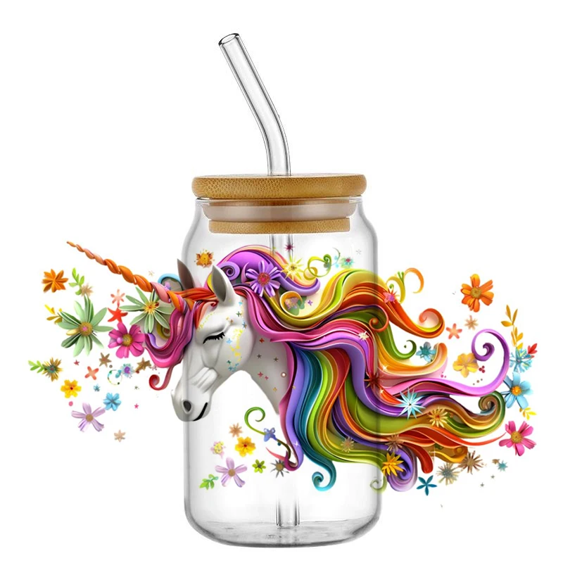 Unicorn 16OZ UV DTF Cup Wraps Transfer Sticker for Glass Libbey Can Bottle Selfadhesive Washable DIY Custom Mug Sticker