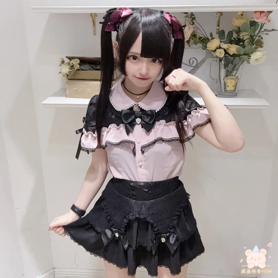 Japanese Mine Style Mass-produced Sweet Girl Lolita Blouse Pearl Bead Doll Collar Bow Lace Short Sleeve Shirts Tops Women Summer