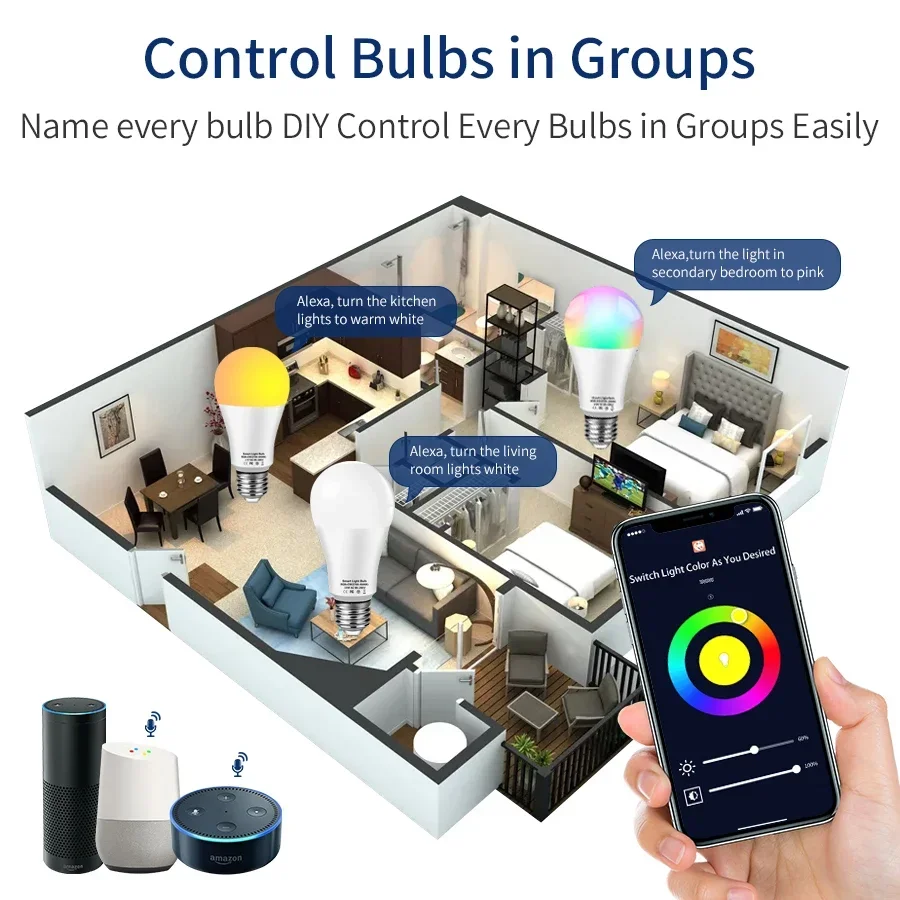 Imagem -06 - Lâmpada Inteligente Tuya Wifi Regulável Rgb Vida Inteligente Controle de Voz Funciona com Alexa Google Home E27 220v 110v 10w 15w