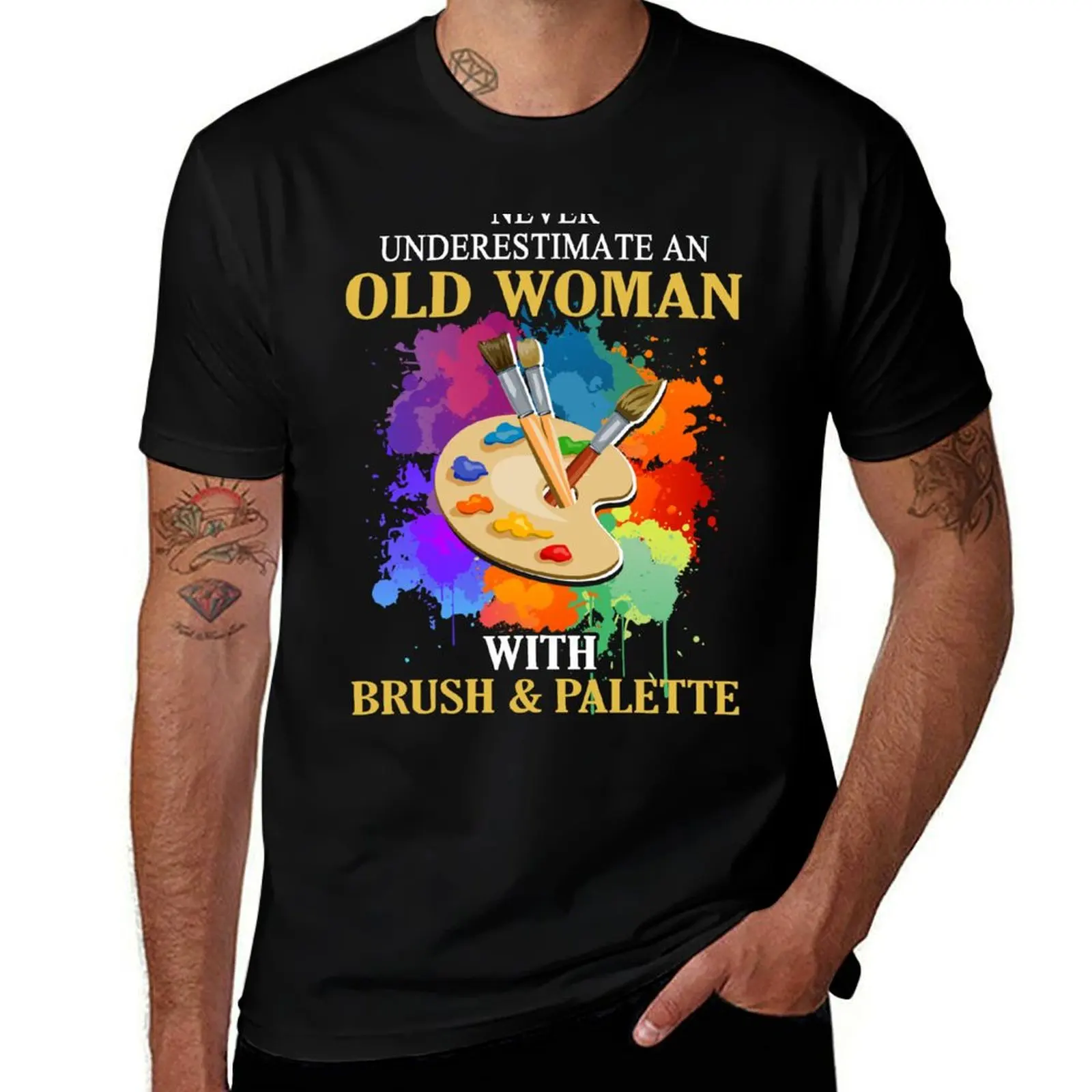 

Never underestimate an old woman with Brush and palette T-Shirt plain vintage t shirts mens shirts graphic tee