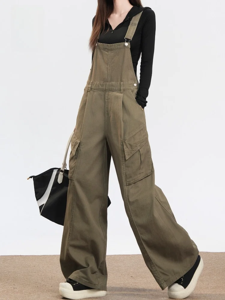 

American Sle Khaki Wide Leg Denim Overalls Women's Vintage Anti-Aging Loose Workwear Jumpsuit Brand Ladies Jeans