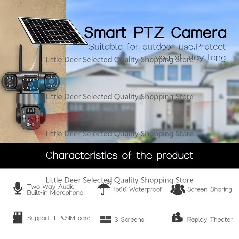 Three Screens Outdoor Solar Panel Camera 360 Degree Rotating Motion Detection 4G Sim Card Cctv Camera