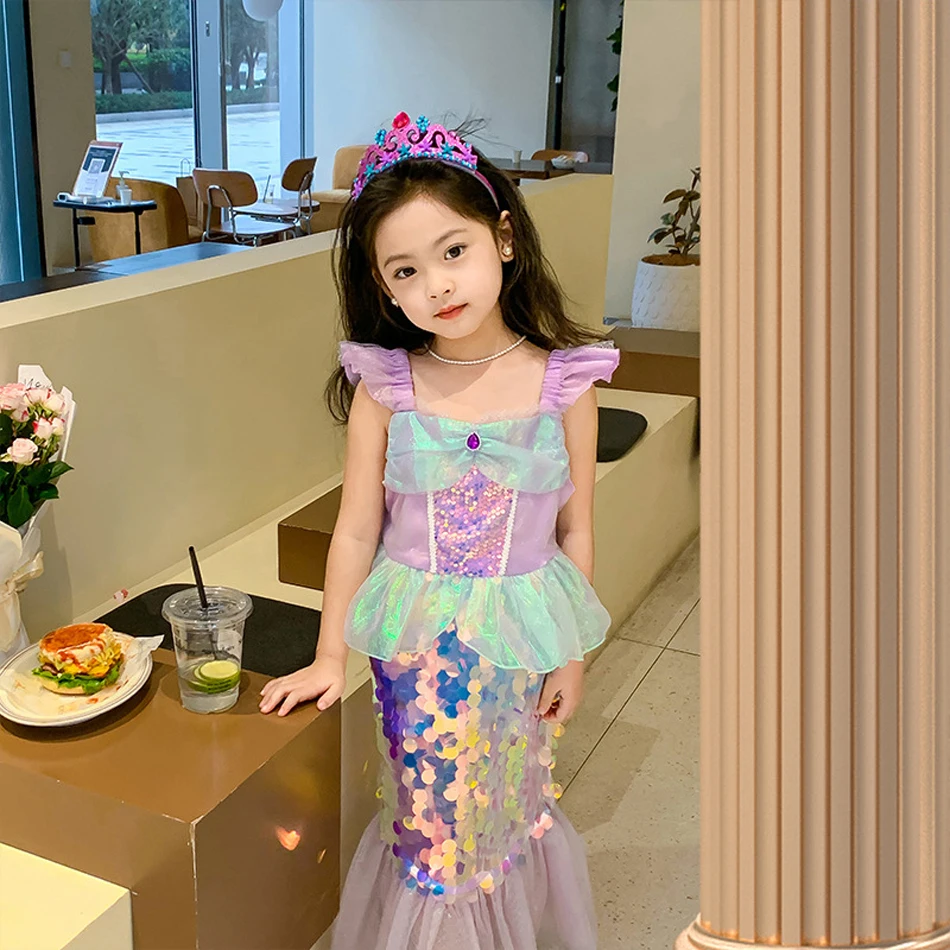 Robe de Petite Sirène à Paillettes pour Enfant Fille, Costume de Cosplay, miles Poisson, ixd\'Anniversaire, Vêtements d\'Halloween