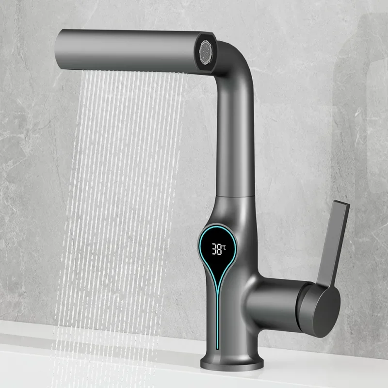 Temperature Digital Display Basin Faucet 4 Function Stream Sprayer Waterfall Hot Cold Water Sink Mixer Wash Tap for Bathroom