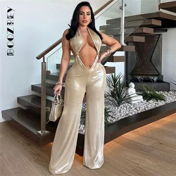 BoozRey 2024 Sexy Hipster Jumpsuit Women Shiny Summer Hollow Cirque Knot Halter Backless Elegant Midnight Trend Workout Overalls