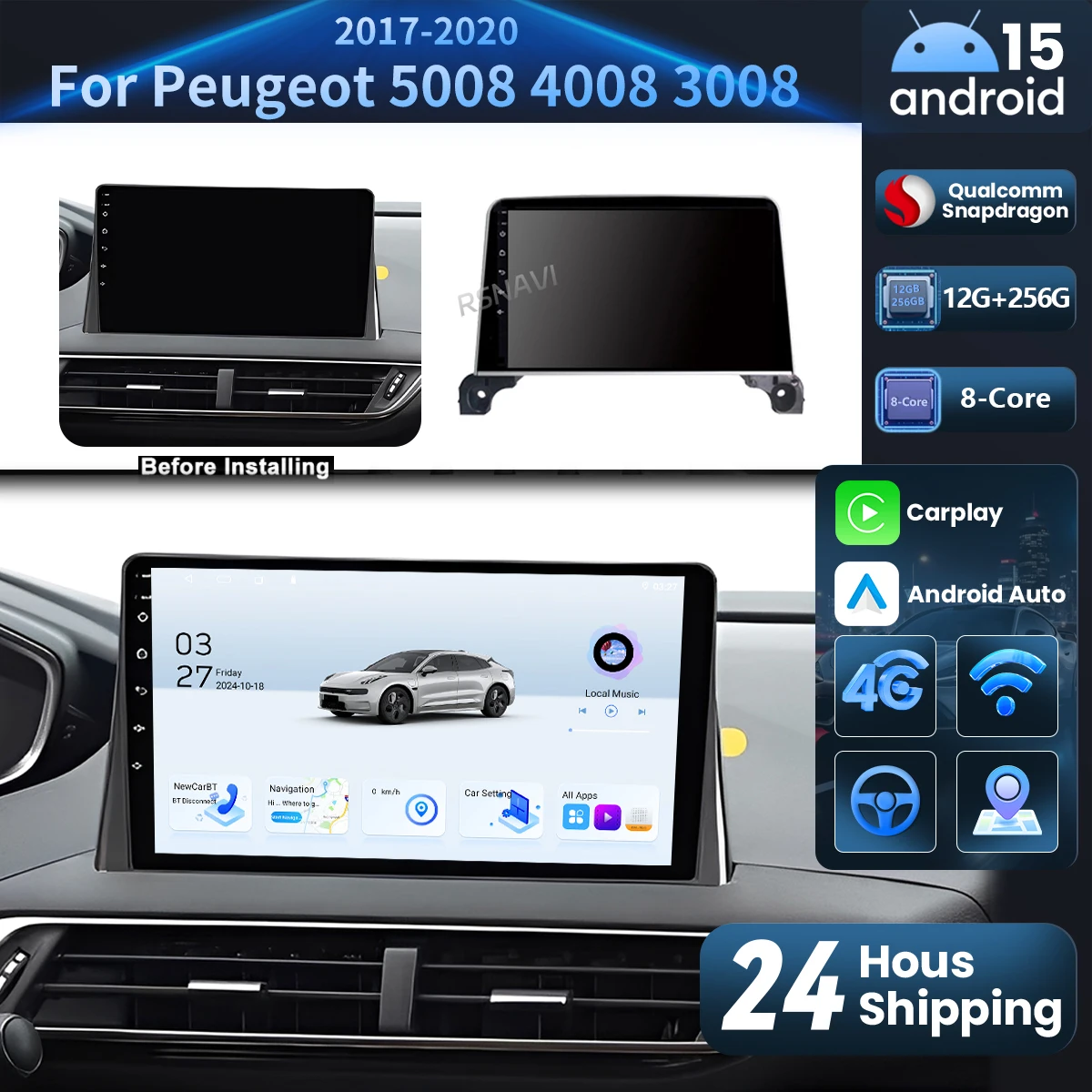 

Android 16 Qualcomm Carplay Auto Car Radio Multimedia Video Player For Peugeot 5008 4008 3008 2017-2020 WIFI Autoradio 16G 512G