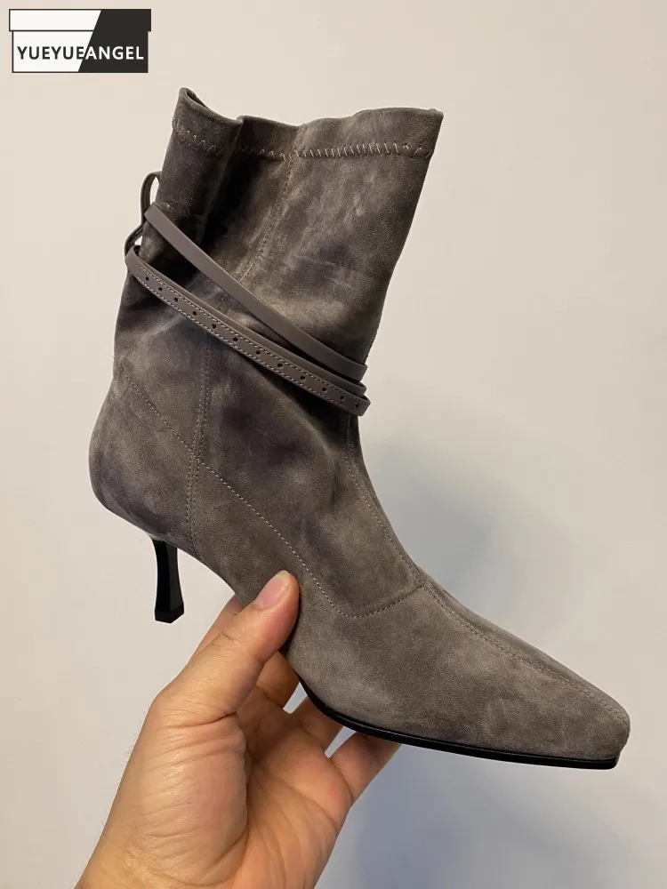 Fashion Handmade Lady Cow Suede Leather Zipper Comfortable Square Toe High Heels Versatile Female Office Ankle Boots Footwear
