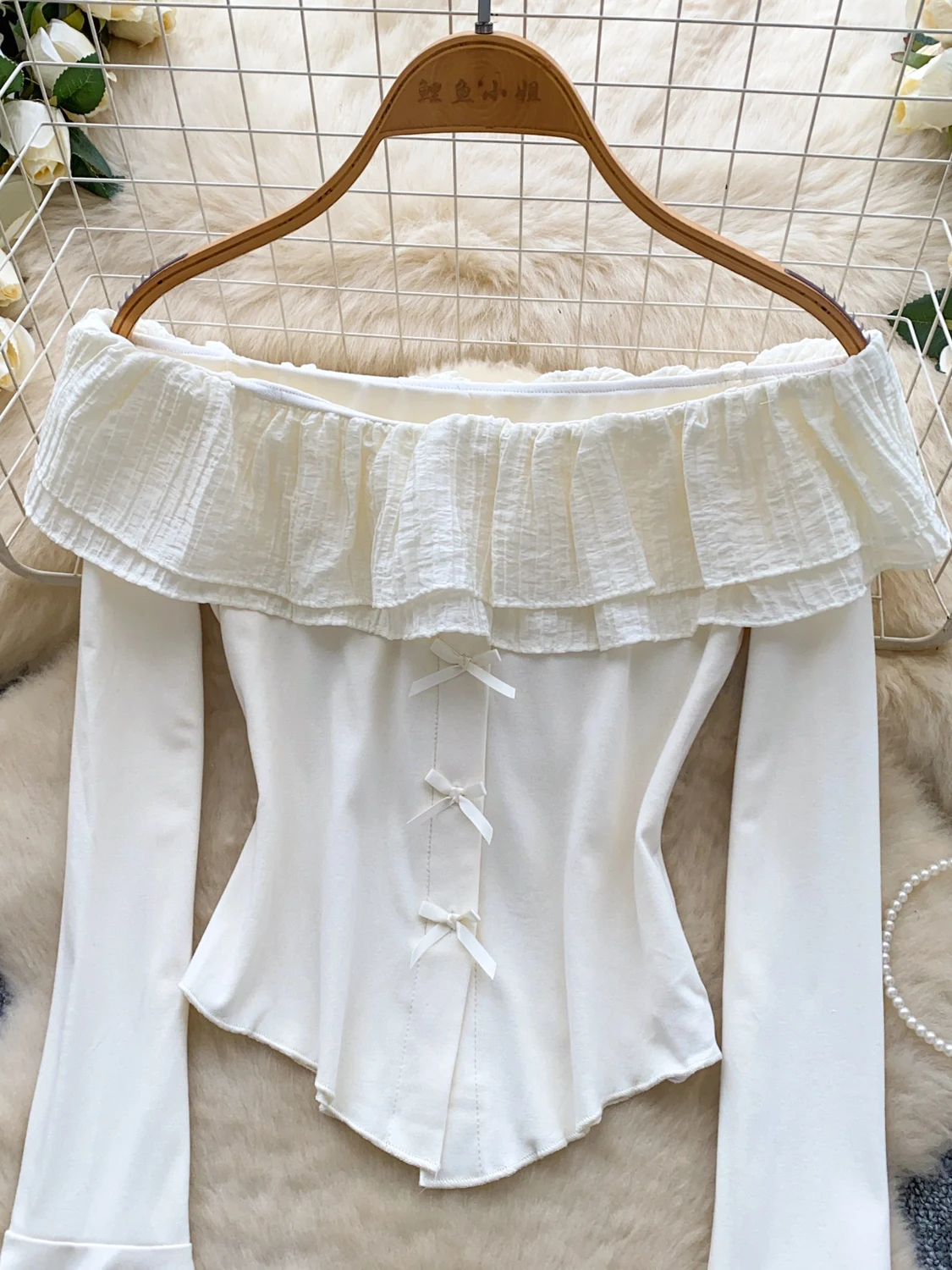 Foamlina T-shirt con scollo a barchetta con volant e spalle scoperte per donna Moda manica svasata Bowknot Slim Primavera Autunno Top Ragazze Streetwear