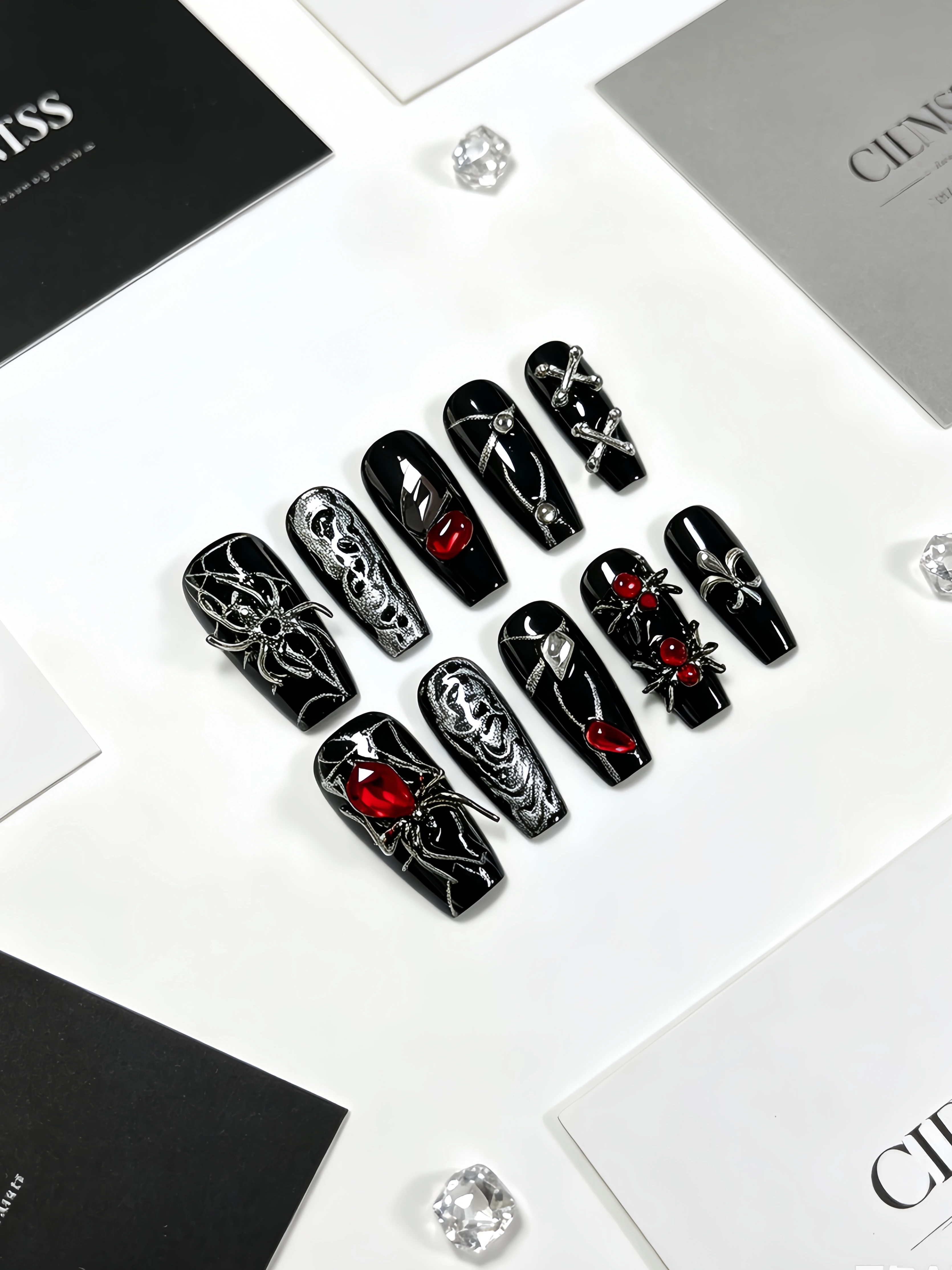 10 Pieces of Medium-Length Trapezoidal Nails, Punk Style Nails for Mature and Trendy Women, Spider Web Design with Large Wine Red Rhinestones, Halloween Party Style, Gothic Nail Art view 2