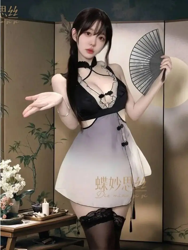 เซ็กซี่สไตล์จีนสำหรับผู้หญิงภาพวาดหมึกสไตล์อกสไตล์โบราณชุดนอนความปรารถนาอันบริสุทธิ์ชุดเดรสบางเฉียบสง่างาม 3PKY