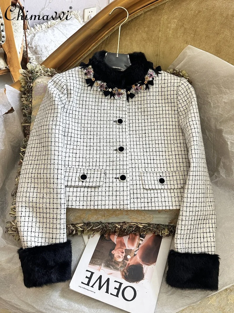 

High-End Fashion Plaid Long-Sleeve Short Coat Fur Collar Winter New Fur Collar Slim Fit Elegant Heavy Women's Jacket Top