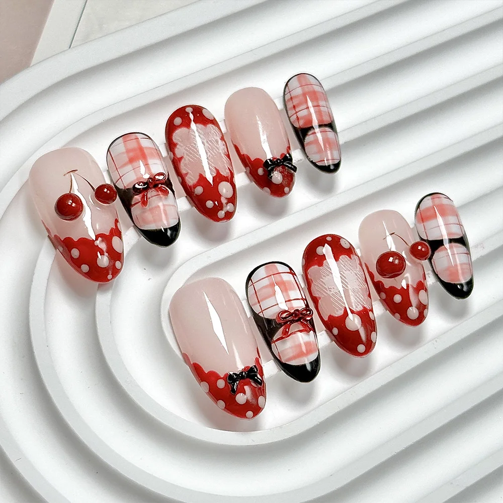 Pink European Style Almond Nail Patch Flower Glitter Metal Ball Cherry Nail Art 3D Stars Bowknot Dot Fake Nail Hand Accessories