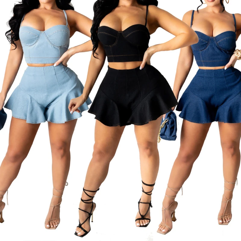 

Skirt Set Women Dress Sets Two Piece Sets Sexy V Neck Sleeveless Denim Elegant Strapless Tops Short Skirts A Line High Waist