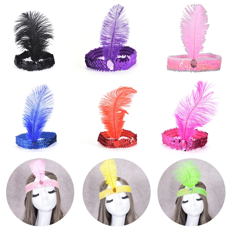 

Hair Accessories Black Rhinestone Beaded Sequin Hair Band 1920S Vintage Costume Party Headpiece Women Ostrich Feather Headband