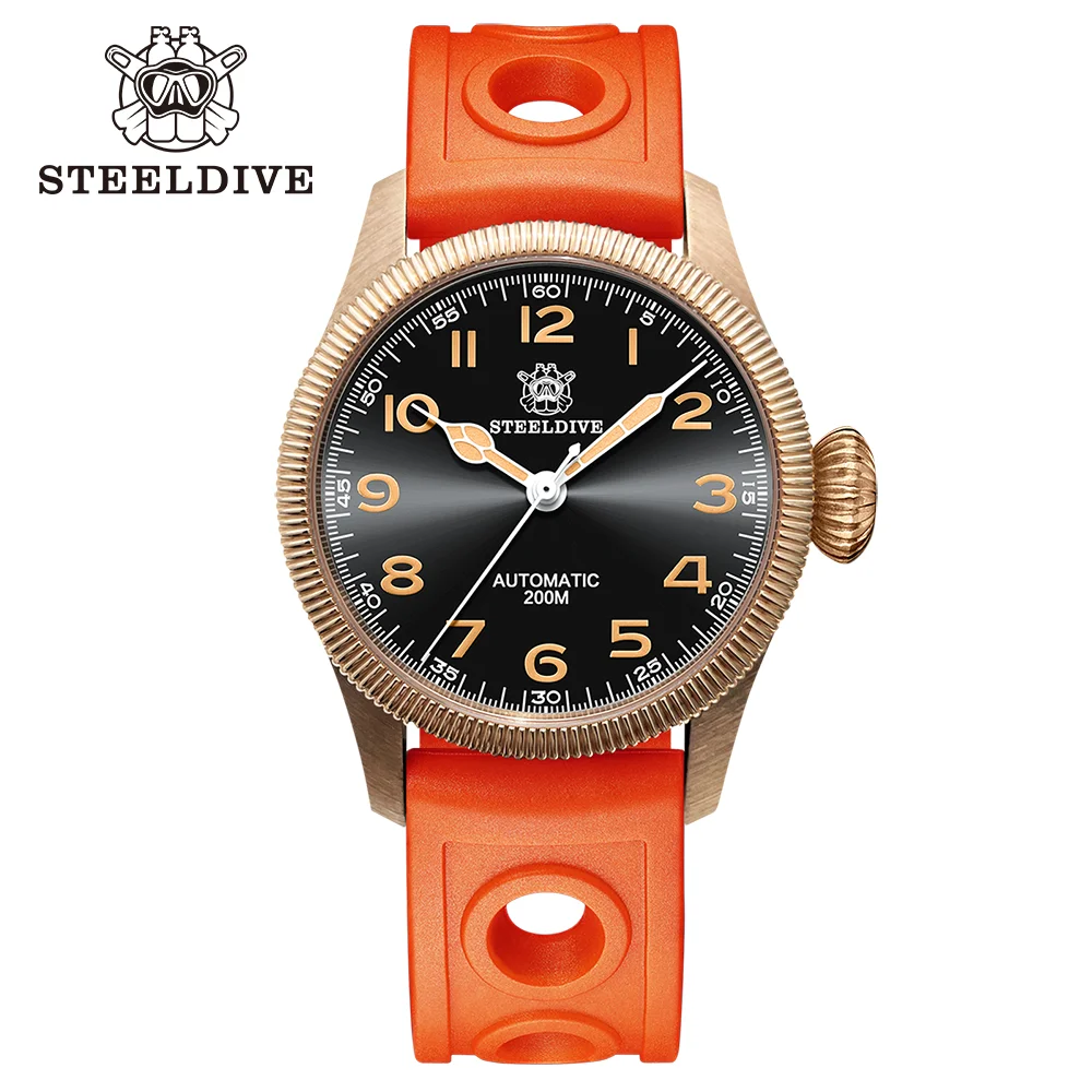 STEELDIVE-Bronze relógio mecânico com caneladas moldura, impermeável relógio de pulso suíço, luminoso relógio retro, 39mm Case, 200m, NH35 movimento, SD1906S