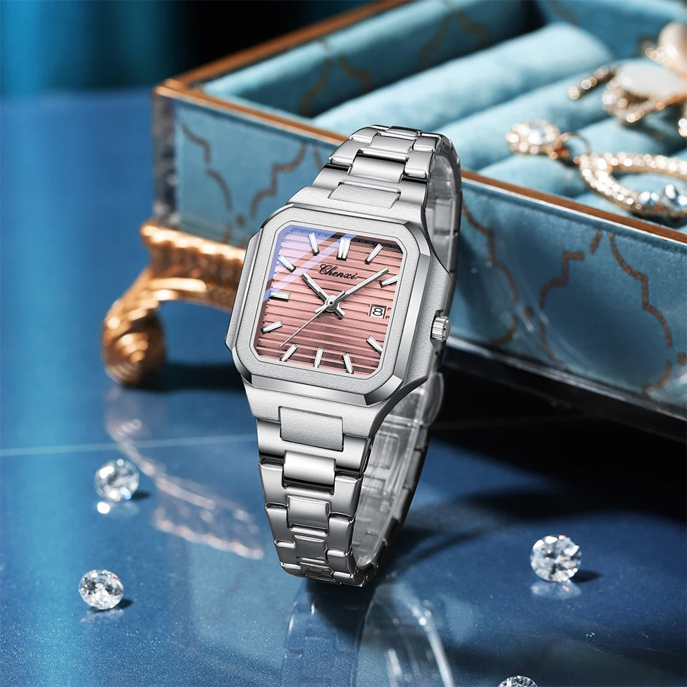 CHENXI Reloj de pareja Oro Plata Moda Casual Hombres Mujeres Relojes Calendario Banda de acero luminosa Relojes de pulsera de cuarzo para parejas