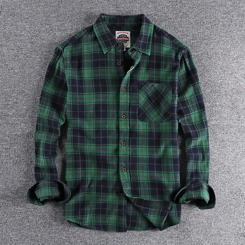 2022 Spring New American Retro Men\'s Fashion 100% Cotton Plaid Youth Long-Sleeve Blouses Washed Old Brushed Fabric Casual Shirt