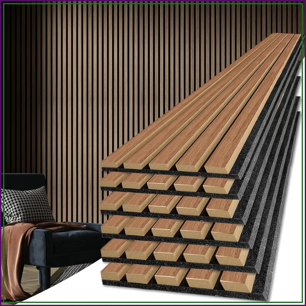 6-Piece Wood Slat Acoustic Panels - 3D Textured Wall & Ceiling Decor, Noise Reduction, Walnut