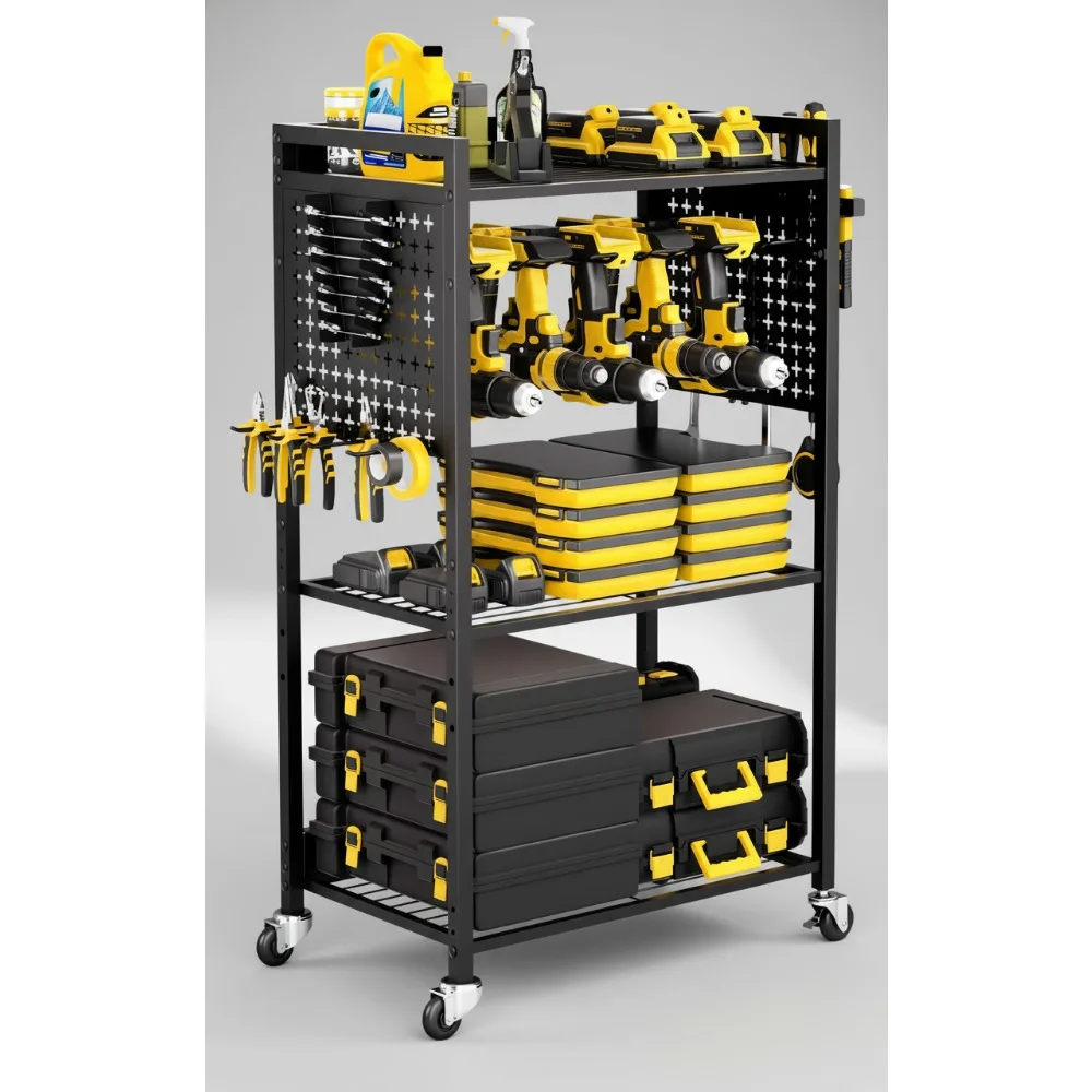 

4-уровневая тележка для инструментов на колесиках, сверхмощная гаражная стойка для хранения вещей 150 фунтов с держателем для сверла для организации мастерской