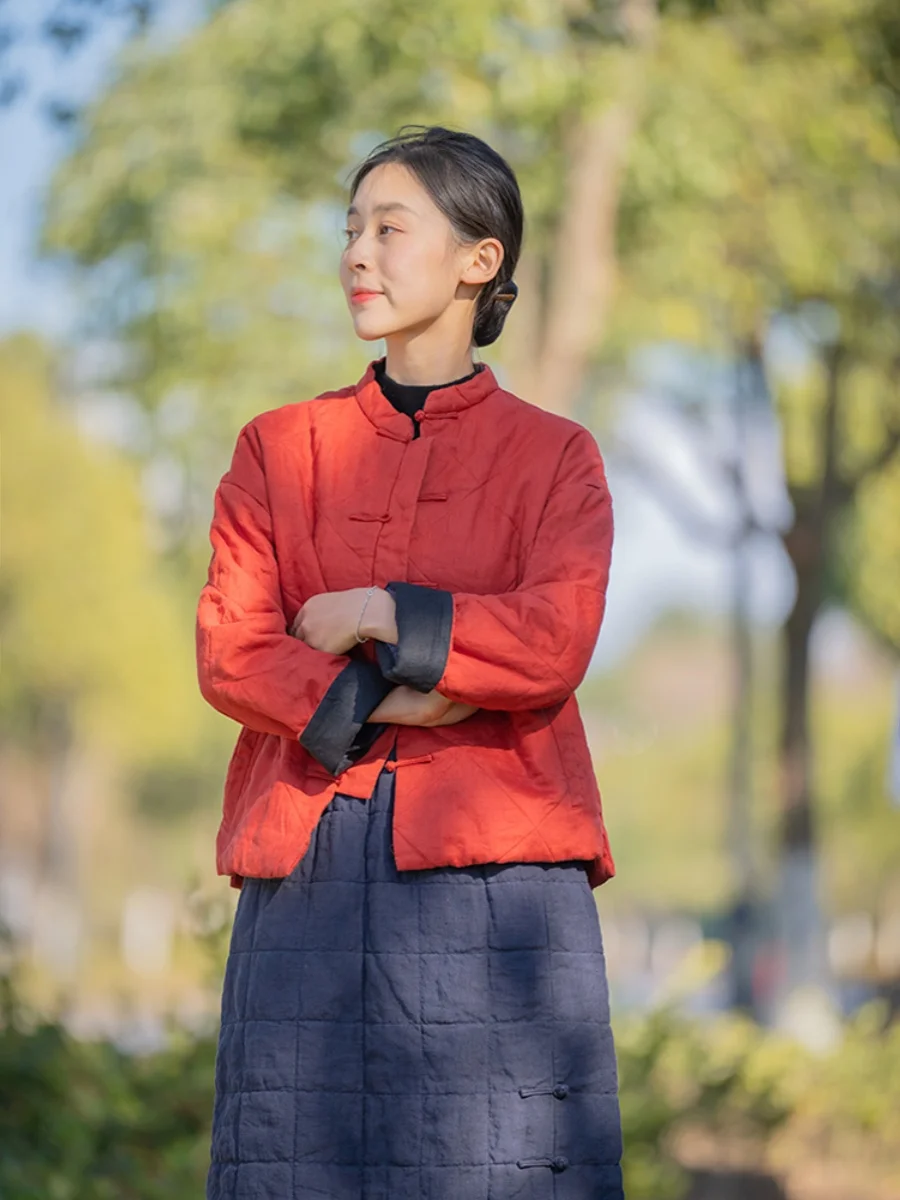 

Tingzhi Women's Winter Retro Sle Cotton Jaet ort Stand Collar Button Tea Costume Warm Outerwear Linen Fabric Thiened