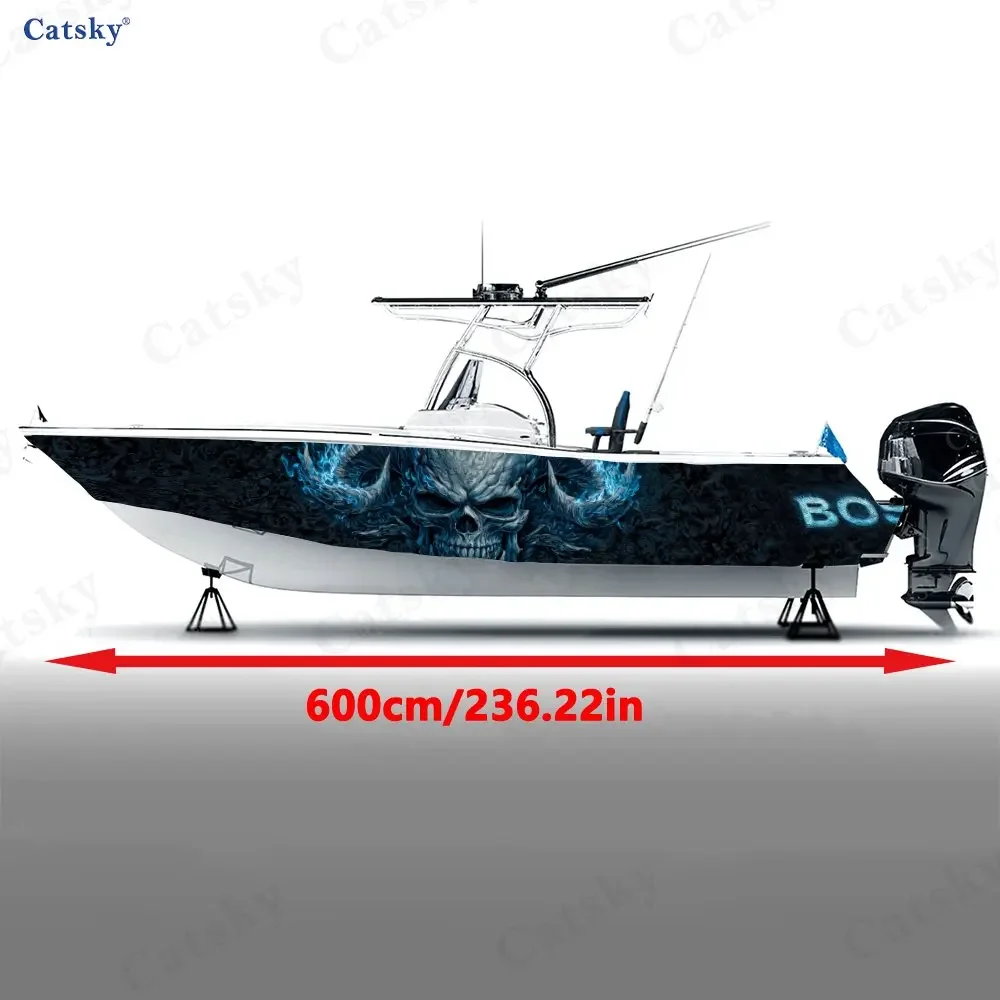 2Pc Teal Pattern Demon Skull Boat Sticker, PVC Waterproof Durable Vinyl Wrap Decals for Fishing Boat, Durable and Stylish Design