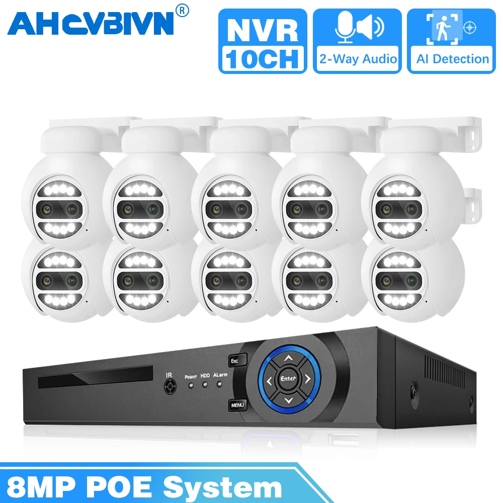 

10CH POE NVR Kit 4K 8MP Dual Lens POE IP Cameras Outdoor PTZ 8X Zoom 2-Way Audio Smart HD Video Surveillance CCTV System XMeye