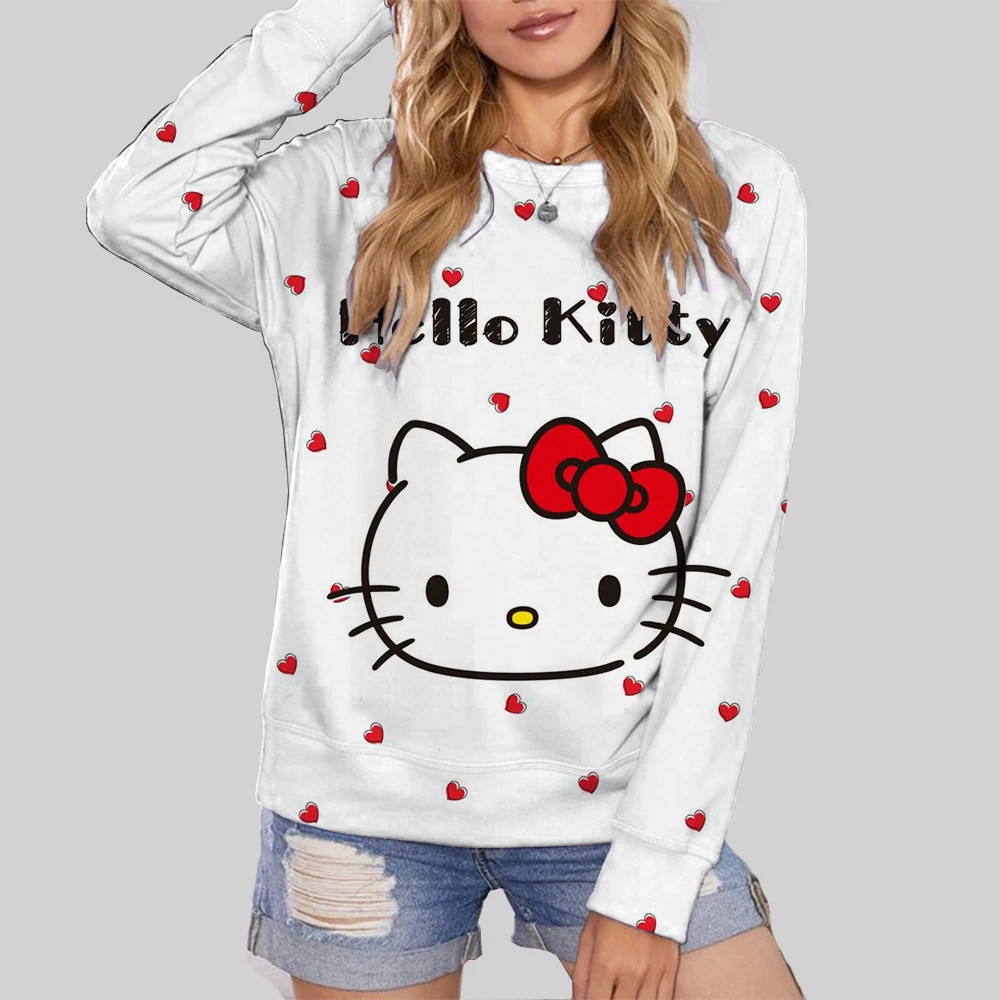 Hello Kitty Cartoon Anime Women Pullover Spring Autumn Men Round Neck Hoodie Clothes 2024 New Fashion Couple Sweatshirt Tops