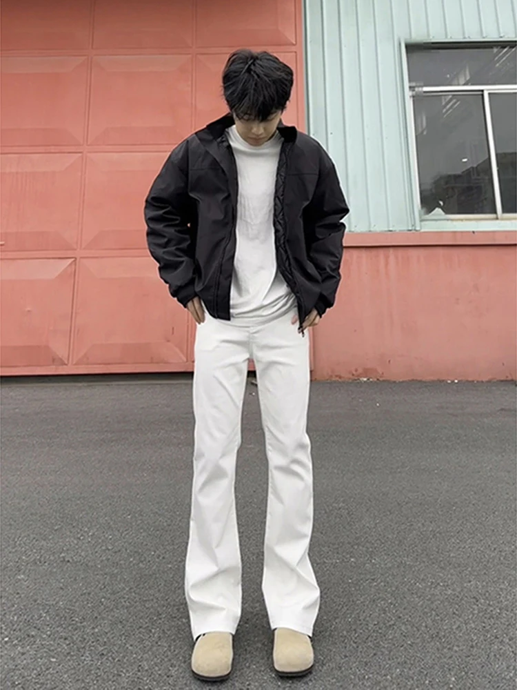 

Белые прямые эластичные джинсы для мужчин в стиле High Street Vibe, расклешенные брюки, устойчивые к износу, CleanFit American Style
