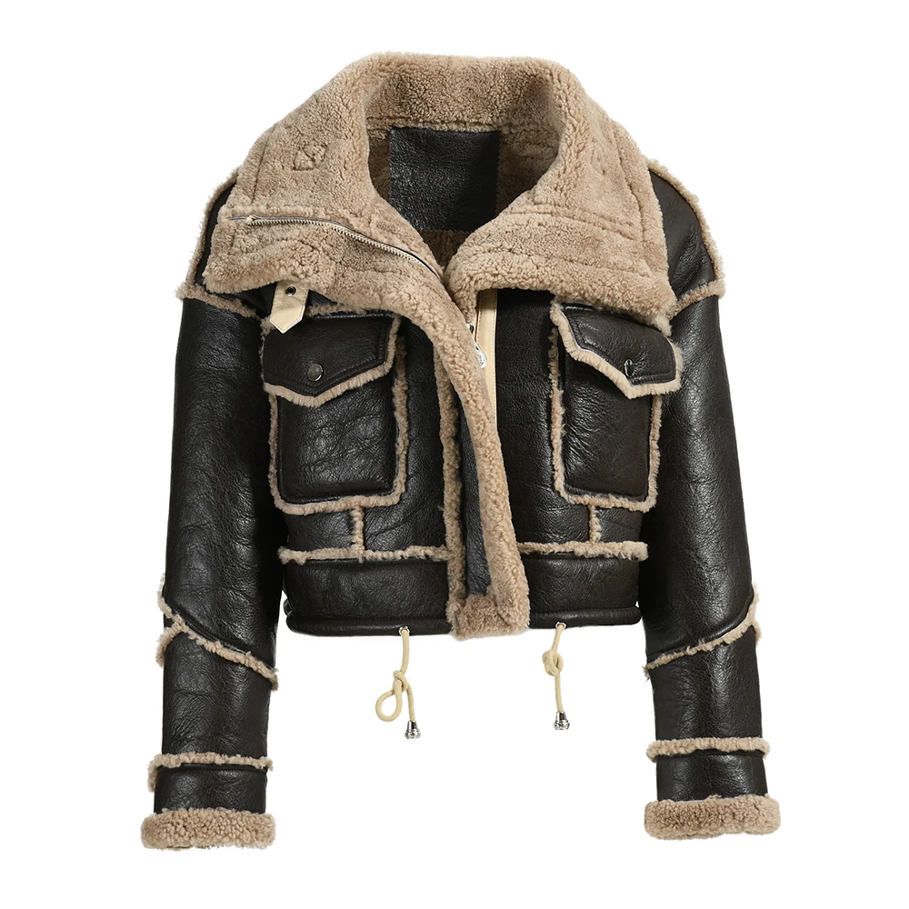 Casaco de pele shearling luxuoso para mulheres, jaqueta de couro de carneiro real, mangas completas, Casacos quentes para senhoras, inverno