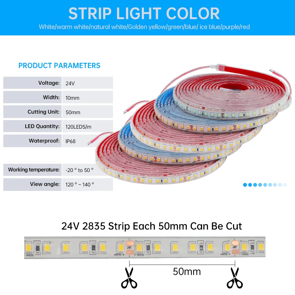 1M-20M 24V IP68 Waterproof LED Strip 120Leds/M Red Ice Blue Green White Pink Yellow Home Garden Decor Flexible Ribbon Rope Light