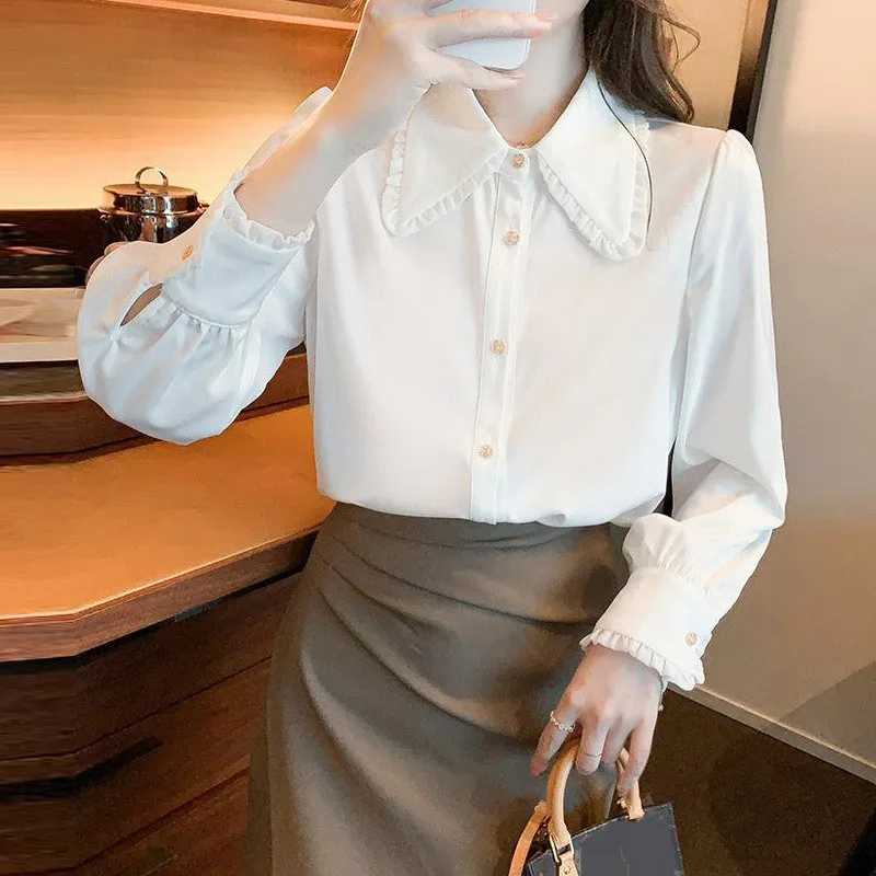 White Peter Pan Collar Sweet Elegant Blouses Korean Style Women Autumn Ruffle Long Sleeve Office Ladies Button Shirt Tops Blusas