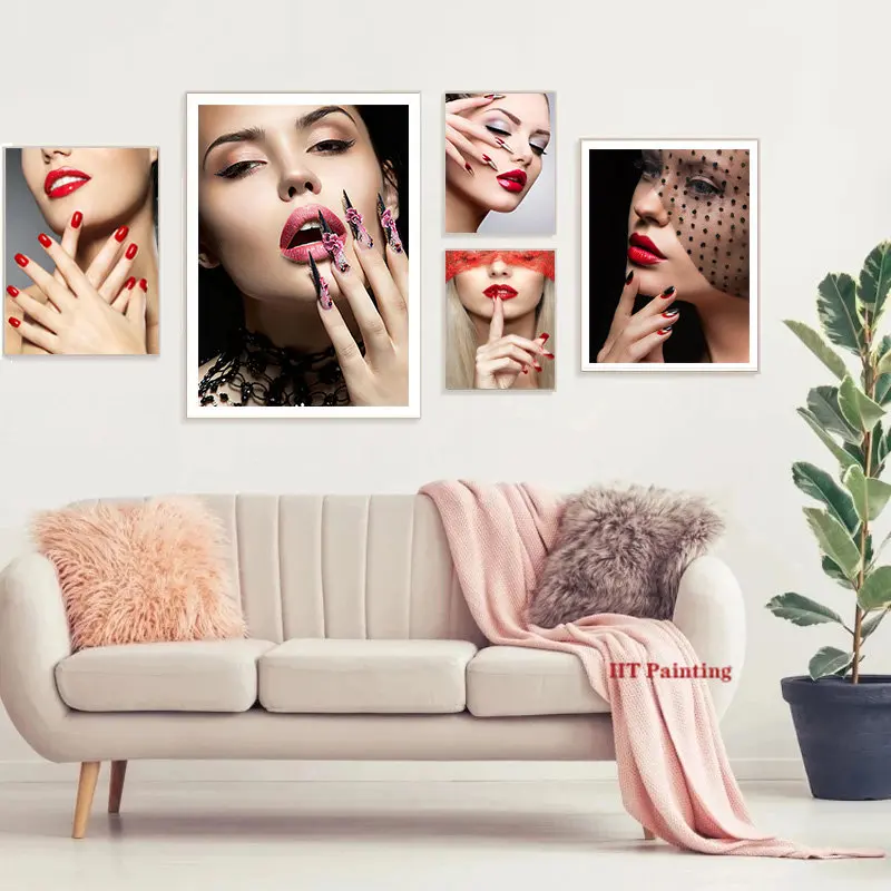 Beauty Salon Poster Fashion Nail Shapes Red Lips Canvas Painting Beautiful Makeup Girl Wall Pictures Home SPA Salon Decor