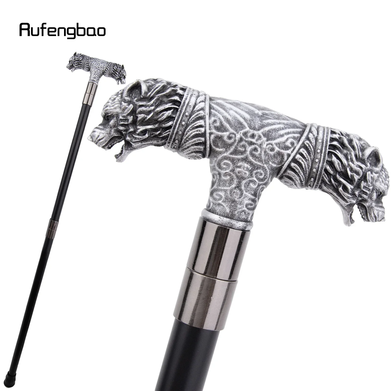 

Silver Resin Wolf Double Head Walking Cane Fashion Decorative Steel Stick Gentleman Elegant Cosplay Cane Knob Crosier 92cm