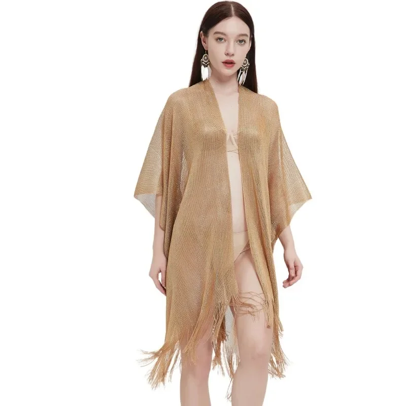 New Cuffed Tassel Cape Solid Summer Transparent Thin Shawl for Women