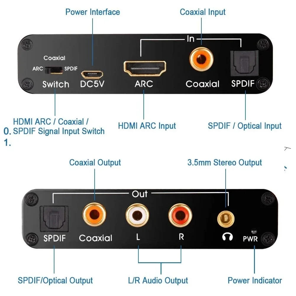 192KHz ARC DAC Audio Extractor Cyfrowo-analogowy konwerter audio HDTV ARC Powrót do SPDIF Coaxial 3.5mm L/R Soundbar Adapter